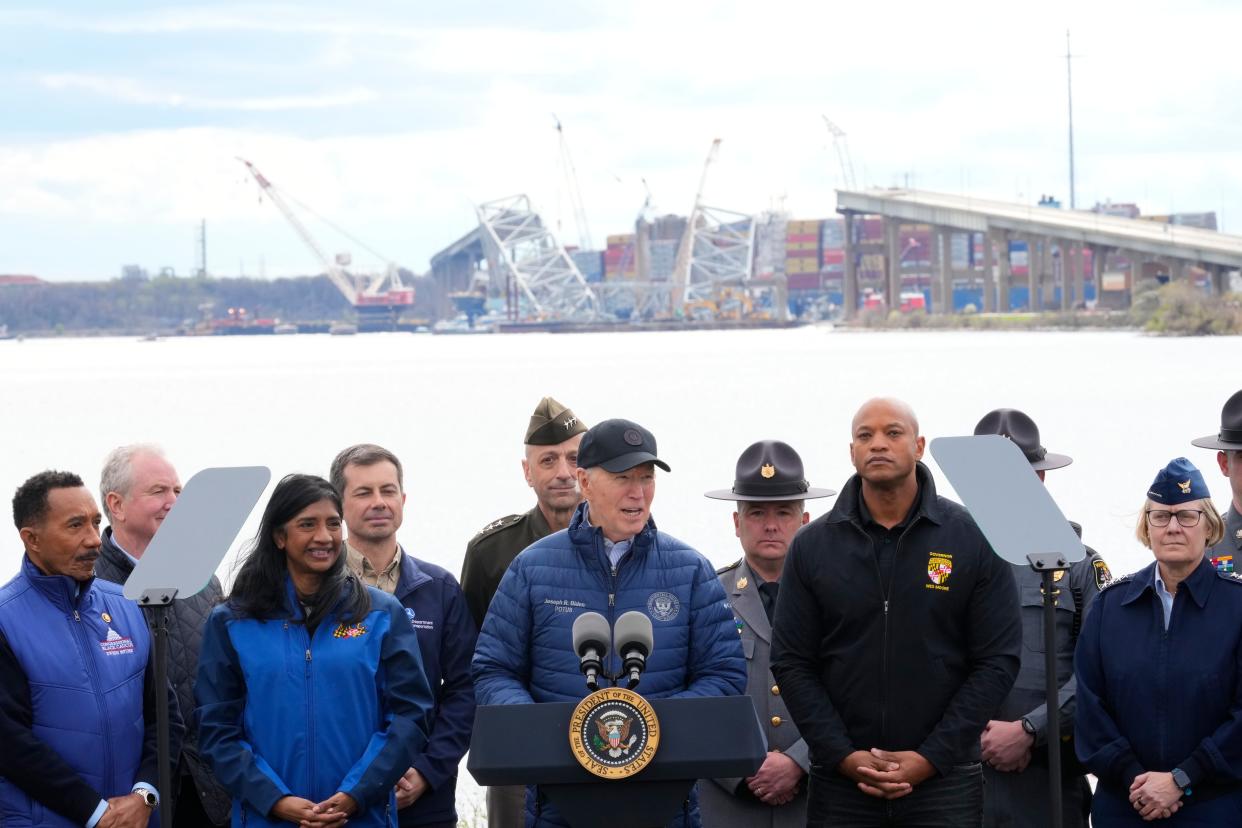 President Joe Biden speaks about the Francis Scott Key Bridge collapse at the Maryland Transportation Authority Police Headquarters. The bridge collapsed on March 26 after a massive cargo ship rammed into it, causing the structure to crumble into the Patapsco River and kill six workers who were patching potholes.