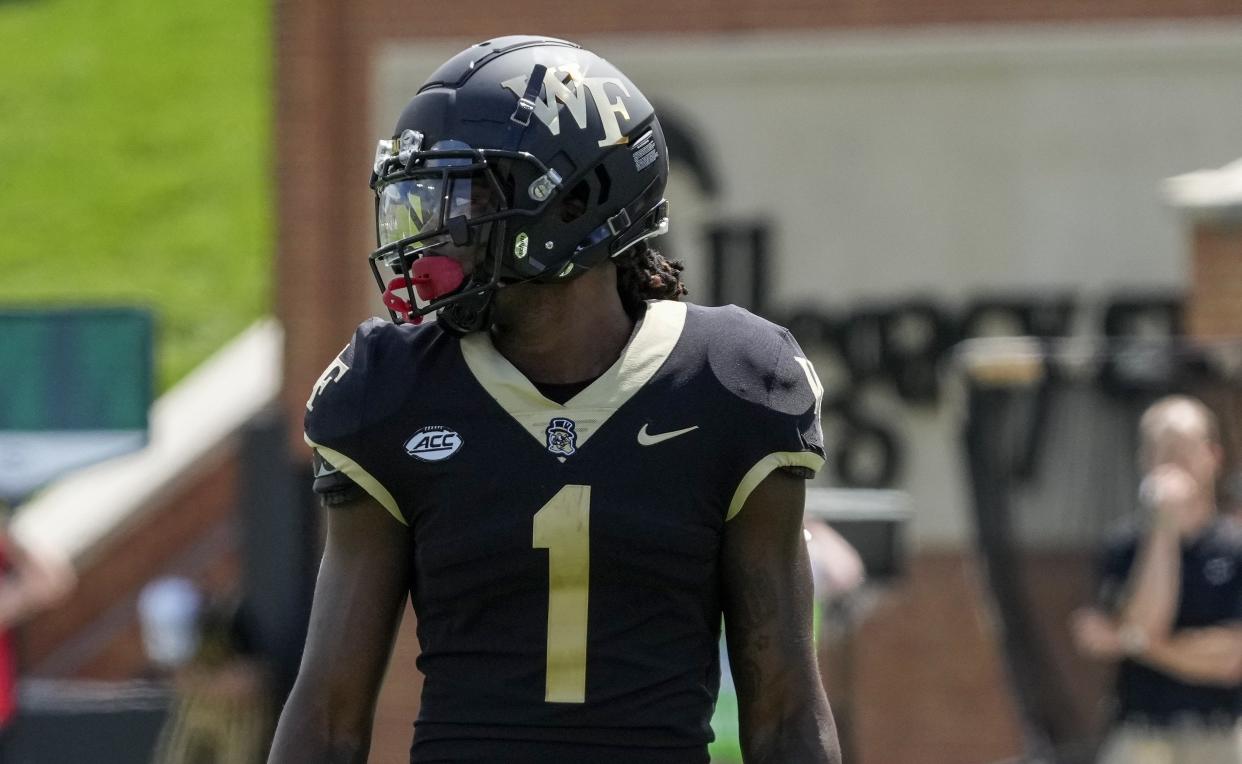 Sep 9, 2023; Winston-Salem, North Carolina, USA; Wake Forest Demon Deacons defensive back Caelen Carson (1) during the second quarter at Allegacy Federal Credit Union Stadium. Mandatory Credit: Jim Dedmon-USA TODAY Sports