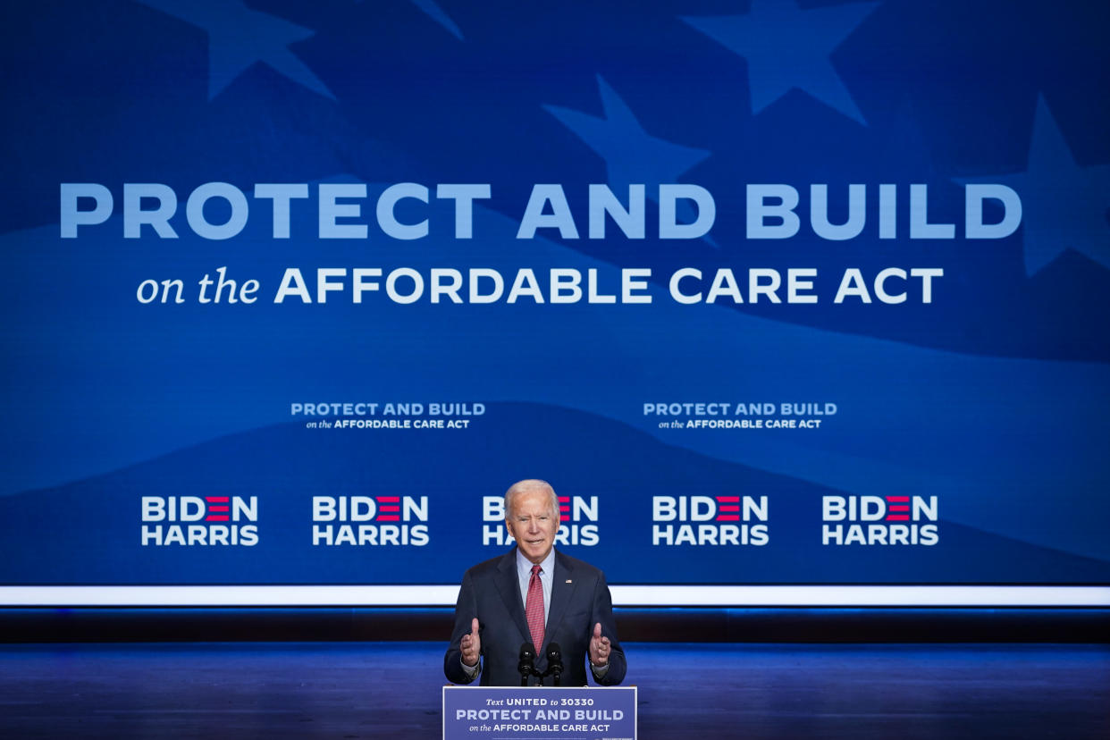 WILMINGTON, DE - OCTOBER 28: Democratic presidential nominee Joe Biden delivers remarks about the Affordable Care Act and COVID-19 after attending a virtual coronavirus briefing with medical experts at The Queen theater on October 28, 2020 in Wilmington, Delaware. Participants in the briefing include former U.S. Surgeon General Dr. Vivek Murthy, Director for Science in the Public Interest Dr. David Kessler, New York University professor Dr. Celine Grounder, and Yale University professor of medicine Dr. Marcella Nunez-Smith. (Photo by Drew Angerer/Getty Images)