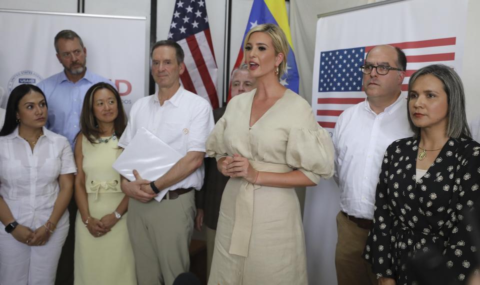 Ivanka Trump, President Donald Trump's daughter and White House adviser, talks after a meeting with a delegation representing Venezuelan opposition leader Juan Guaido, at a migrant shelter in La Parada near Cucuta, Colombia, Wednesday, Sept. 4, 2019. Ivanka Trump is kicking off her trip to South America by promoting women's empowerment. (AP Photo/Fernando Vergara)