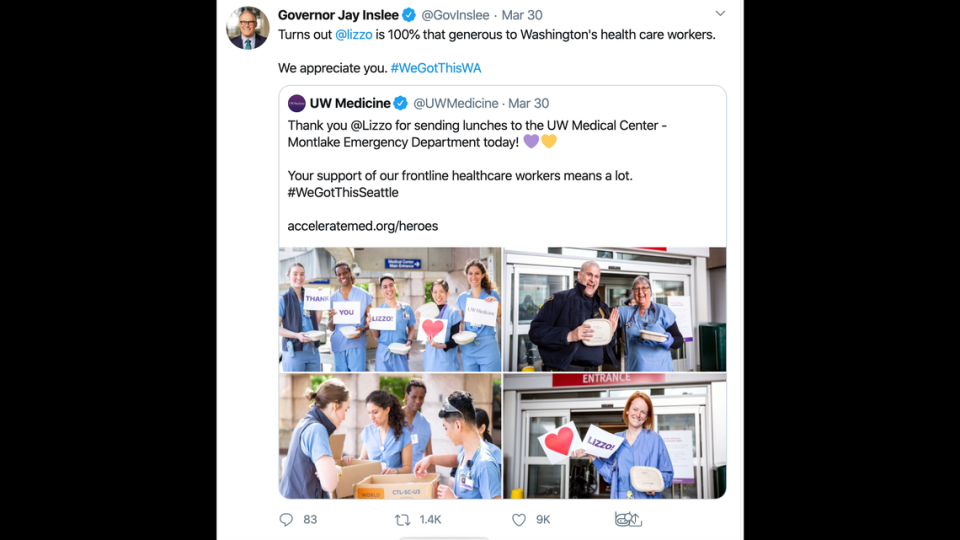 Washington Governor Jay Inslee says thank you to Lizzo for sending lunch to UW Medical Center staff.