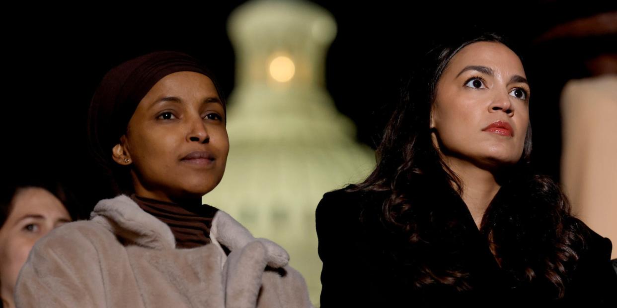 Rep. Alexandria Ocasio-Cortez, seen here with Rep. Ilhan Omar, suggested a flurry of anti-Iran resolutions were aimed at sparking a new war.