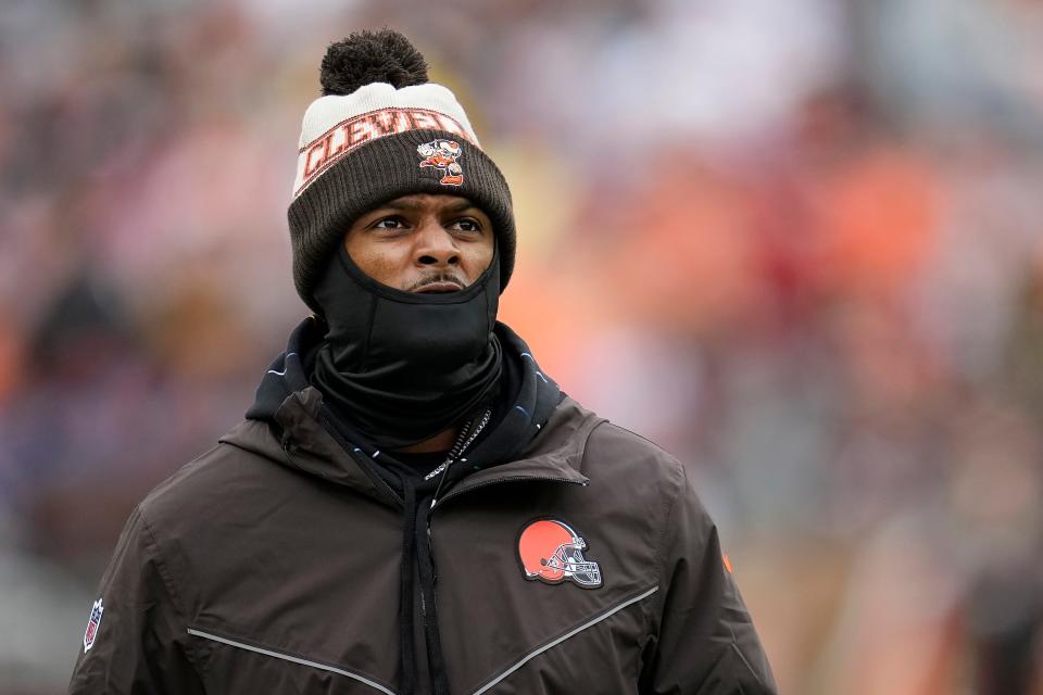 Injured Browns quarterback Deshaun Watson watches from the sideline against the San Francisco 49ers, Sunday, Oct. 15, 2023, in Cleveland.