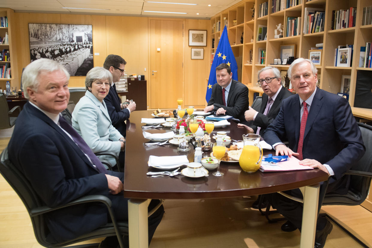 The British and EU teams ahead of Friday’s announcement (PA)