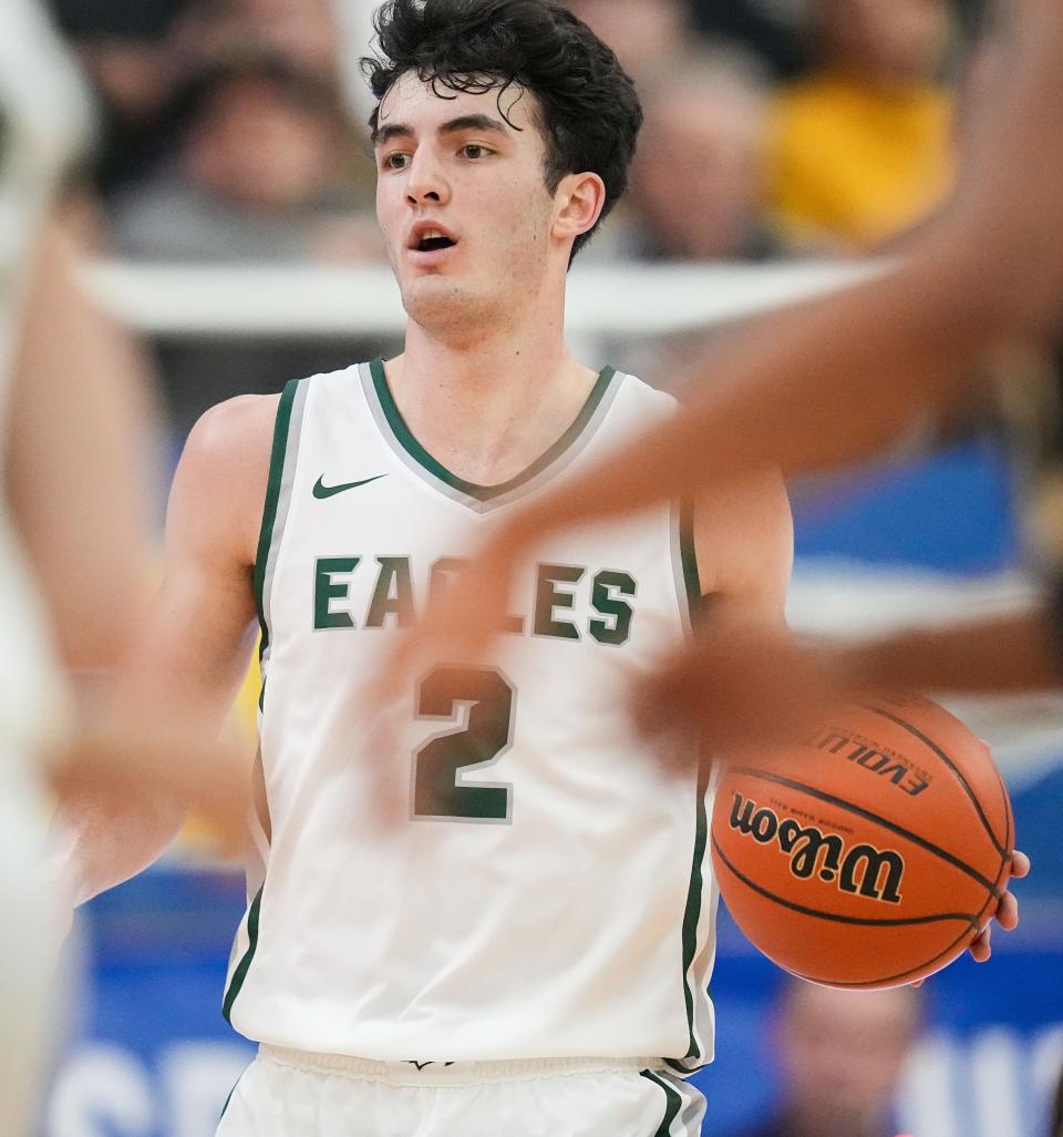 Zionsville Eagles guard Logan Imes (2) rushes up the court during the IHSAA Class 4A sectional final on Saturday, March 4, 2023 at Carmel High School in Carmel. The Noblesville Millers defeated the Zionsville Eagles, 58-50. 