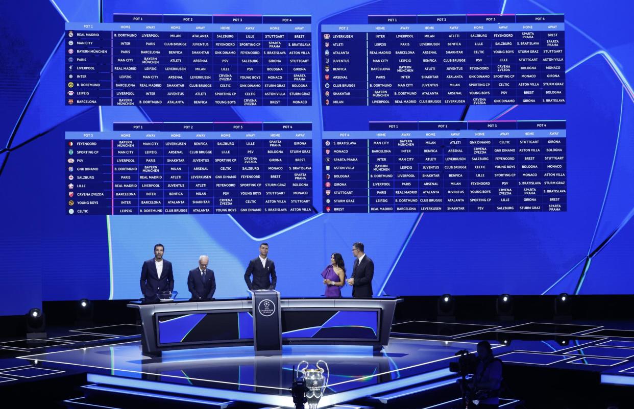 <span>The screens showing all the group stage fixtures in the new-format Champions League after the draw in Monaco last month.</span><span>Photograph: Sébastien Nogier/EPA</span>