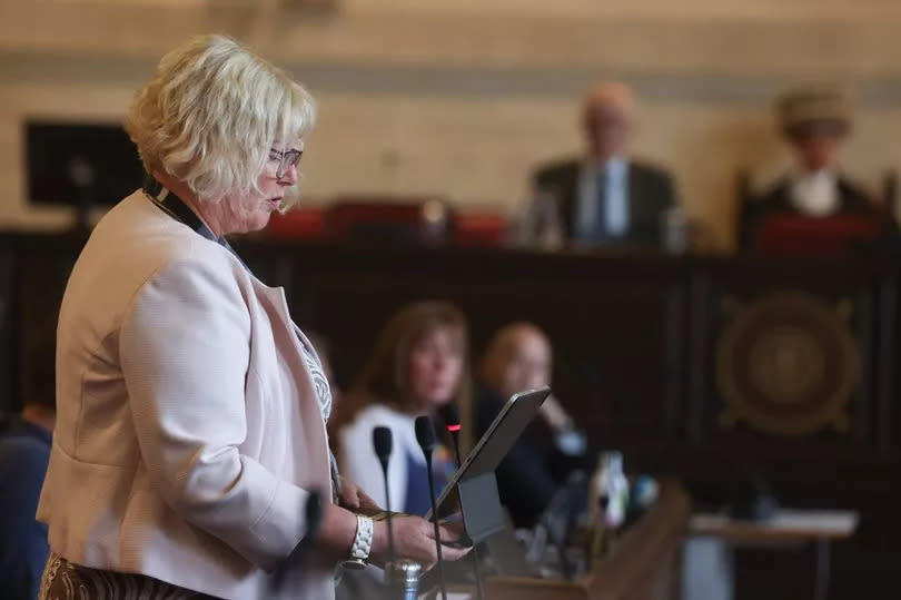 Woman giving speech at council meeting