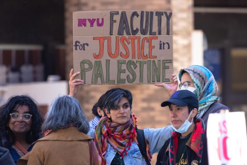 New York University students set up a ‘liberated zone’ tent encampment in Gould Plaza at NYU Stern School of Business on 22 April 2024 (Getty Images)