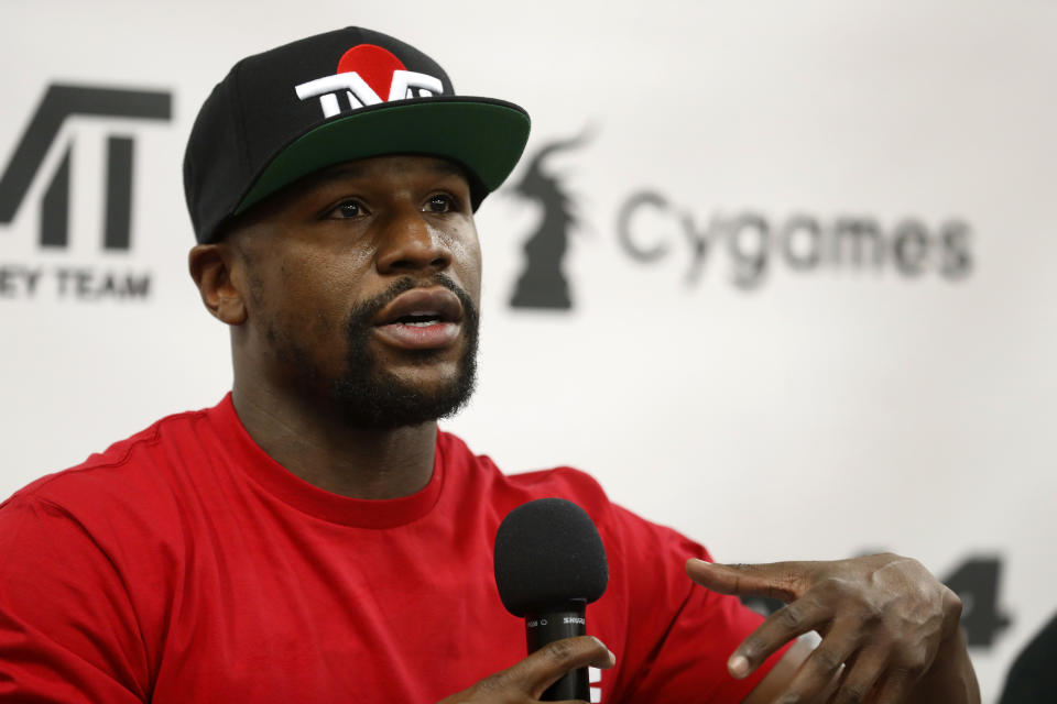Floyd Mayweather Jr. speaks during a news conference in Las Vegas on Thursday, Dec. 6, 2018. Mayweather is scheduled to fight Japanese kickboxer Tenshin Nasukawa in a three-round exhibition boxing bout in Japan on New Year's Eve. (Steve Marcus/Las Vegas Sun via AP)