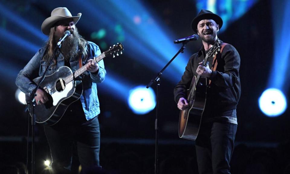 ‘Hup!’ … Justin Timberlake, right, performing with Chris Stapleton at the 2018 Brit awards.