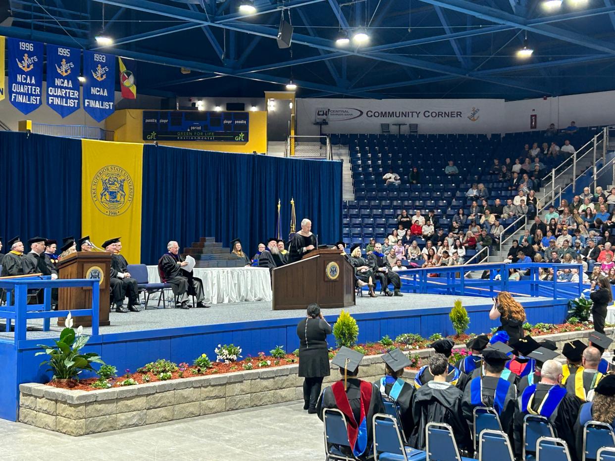 Claude (Bud) Denker was the keynote speaker on Saturday, May 4, 2024 during the Lake Superior State University commencement ceremony.