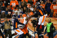 <p>Free safety Jabrill Peppers #22 of the Cleveland Browns intercepts a pass intended for wide receiver Courtland Sutton #14 of the Denver Broncos in the end zone in the second quarter of a game at Broncos Stadium at Mile High on December 15, 2018 in Denver, Colorado. (Photo by Matthew Stockman/Getty Images) </p>