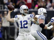 FILE - In this Jan. 5, 2019 file photo Indianapolis Colts quarterback Andrew Luck (12) throws against the Houston Texans during the first half of an NFL wild card playoff football game in Houston. The popular pick to win the AFC South all offseason has been Andrew Luck and the Indianapolis Colts. The ever-changing diagnosis for his strained left calf and ankle is dredging up bad memories of 2017 when his recovery from shoulder surgery kept him out all season. (AP Photo/Michael Wyke, File)