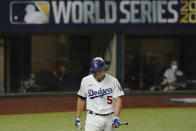 Los Angeles Dodgers' Corey Seager strikes out against the Tampa Bay Rays during the third inning in Game 2 of the baseball World Series Wednesday, Oct. 21, 2020, in Arlington, Texas. (AP Photo/Eric Gay)