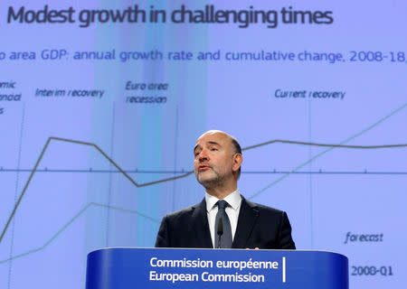 European Commissioner for Economic and Financial Affairs Pierre Moscovici presents the European Union executive's autumn economic forecasts during a news conference at the EU Commission headquarters in Brussels, Belgium November 9, 2016. REUTERS/Yves Herman