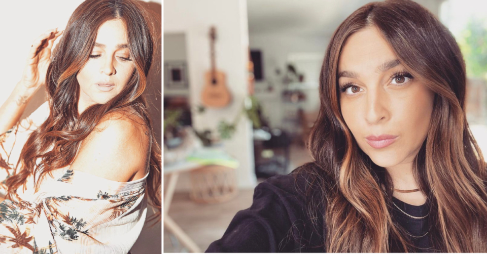 Actress and singer Alisan Porter from her Instagram account. at left she strikes a post wearing a palm patterned wrap, with long brown hair loose; at right she takes a selfie with a coastal themed room in the background, wearing black.