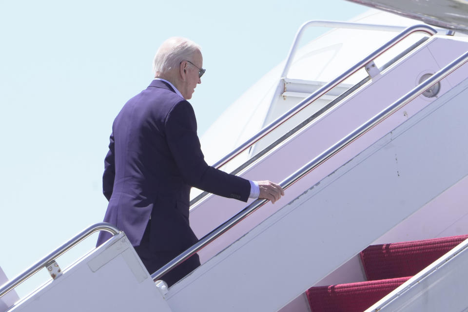 President Joe Biden boards Air Force One at Delaware Air National Guard Base in New Castle, Del., Monday, April 22, 2024. (AP Photo/Manuel Balce Ceneta)