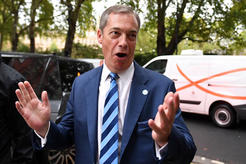 Brexit Party leader Nigel Farage arrives in Westminster in central London on September 25, 2019. - British MPs return to parliament on Wednesday following a momentous Supreme Court ruling that Prime Minister Boris Johnson's decision to suspend parliament was unlawful. (Photo by DANIEL LEAL-OLIVAS / AFP)        (Photo credit should read DANIEL LEAL-OLIVAS/AFP/Getty Images)