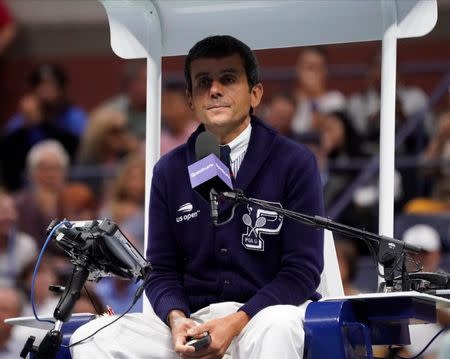 Sept 8, 2018; New York, NY, USA; Chair umpire Carlos Ramos during the women’s final between Serena Williams of the United States and Naomi Osaka of Japan on day thirteen of the 2018 U.S. Open tennis tournament at USTA Billie Jean King National Tennis Center. Mandatory Credit: Robert Deutsch-USA TODAY Sports