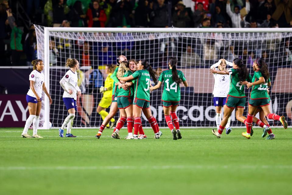 Mexico players celebrate a goal by Mayra Pelayo against the U.S. during the second half at Dignity Health Sports Park.