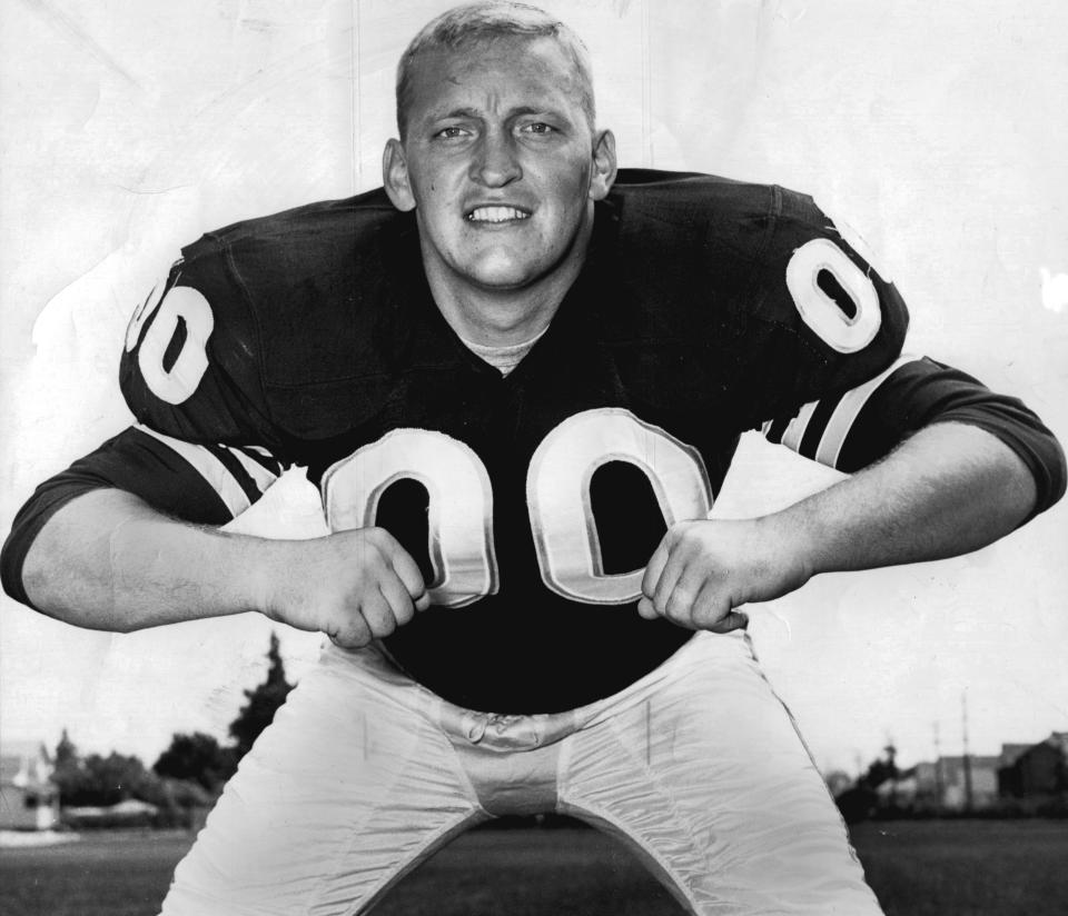 Jim Otto, seen here in 1962, appeared in 210 consecutive games for the Raiders and was one of three players to appear in every regular season AFL game throughout his career.