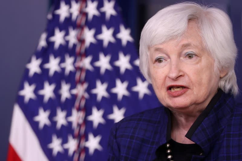 FILE PHOTO: U.S. Treasury Secretary Yellen joins White House Press Secretary Psaki for the daily press briefing at the White House in Washington