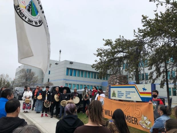 As part of the Dene Nation memorial gathering march, there was a stop at the Yellowknife RCMP detachment on Friday.