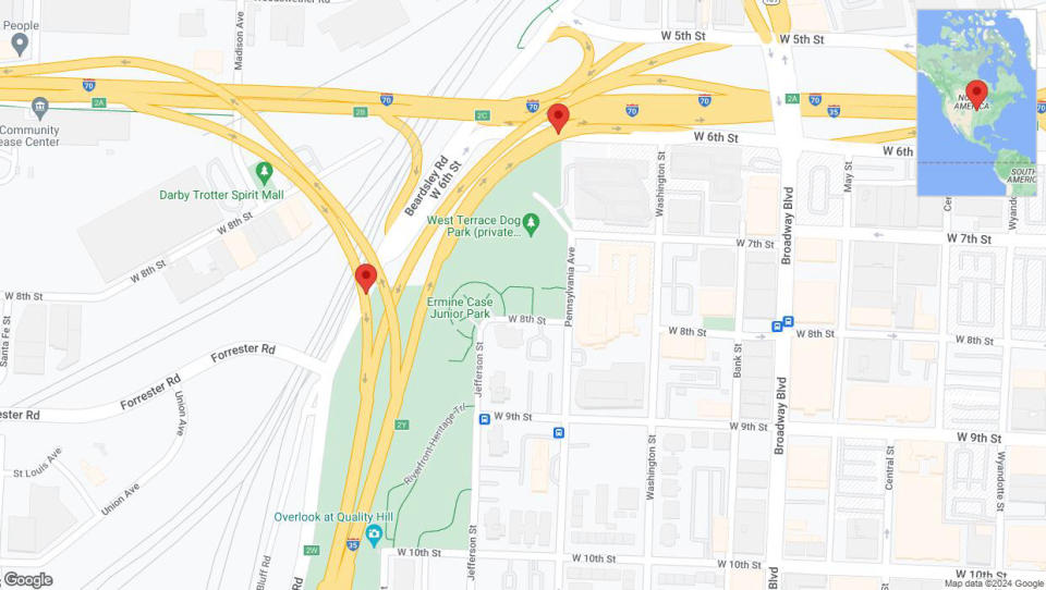 A detailed map that shows the affected road due to 'Kansas City: Beardsley Road closed' on May 8th at 2:55 p.m.