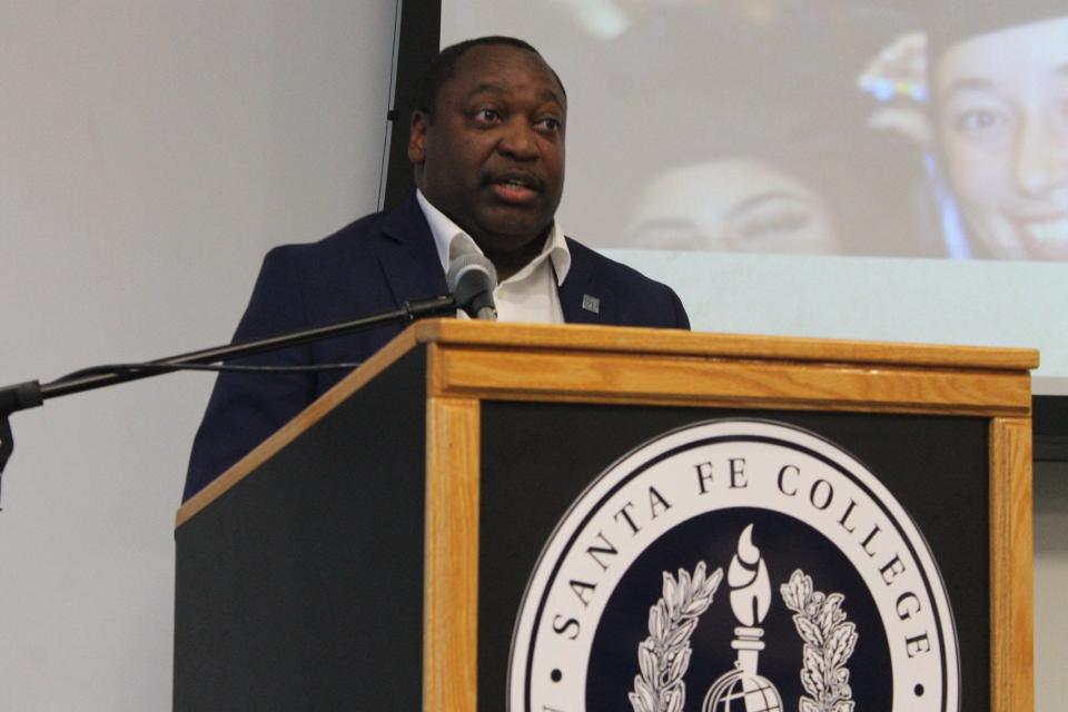 Paul Broadie II, Ph.D., speaks during Santa Fe College's 21st annual East Gainesville Initiative Community Forum on Thursday at the college’s Blount Center at 401 NW Sixth St.
(Credit: Photo by Voleer Thomas, Correspondent)