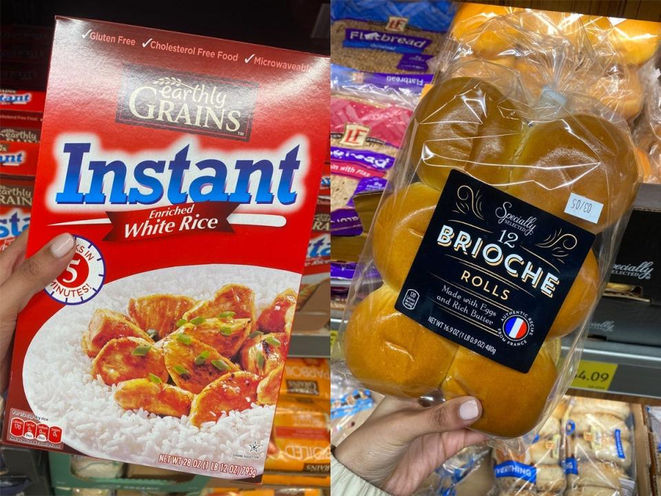 On the left, hand holding red box of instant rice at Aldi. On the right, hand holding pack of brioche buns at Aldi.