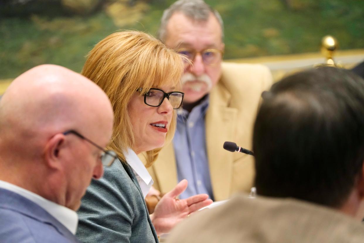 Rep. Rhonda Baker asks a question of Oklahoma schools Superintendent Ryan Walters at the state Capitol in January.