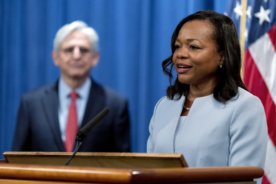 Kristen Clarke and Merrick Garland on August 5, 2021. / Credit: Andrew Harnik / AP