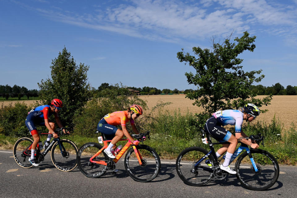 BLAGNAC FRANCE  JULY 28 LR Sandra Alonso of Spain and Team CERATIZITWNT Pro Cycling Agnieszka SkalniakSjka of Poland and Team CanyonSRAM Racing and Emma Norsgaard of Denmark and Movistar Team compete in the breakaway during the 2nd Tour de France Femmes 2023 Stage 6 a 1221km stage from Albi to Blagnac  UCIWWT  on July 28 2023 in Blagnac France Photo by Tim de WaeleGetty Images