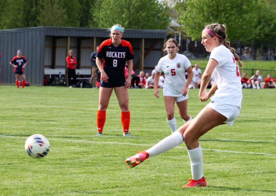 Chatham Glenwood's Haden Vlcek scores the first penalty kick during the first half of a Central State Eight Conference girls soccer match at Rochester on Tuesday, April 25, 2023.