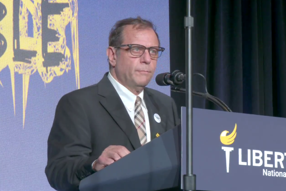 Libertarian presidential candidate Dr Michael Rectenwald on stage at the party convention in Washington DC on 25 May 2024 (Ford Fischer/X)