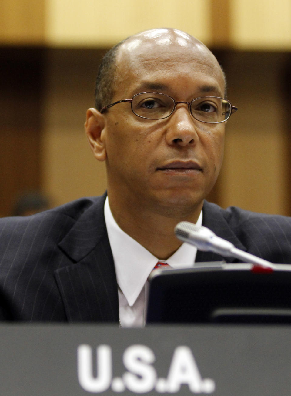 U.S. Alternate Permanent Representative to the United Nations Robert Wood waits for the start of the IAEA board of governors meeting at the International Center, in Vienna, Austria, on Wednesday, June 6, 2012. (AP Photo/Ronald Zak)