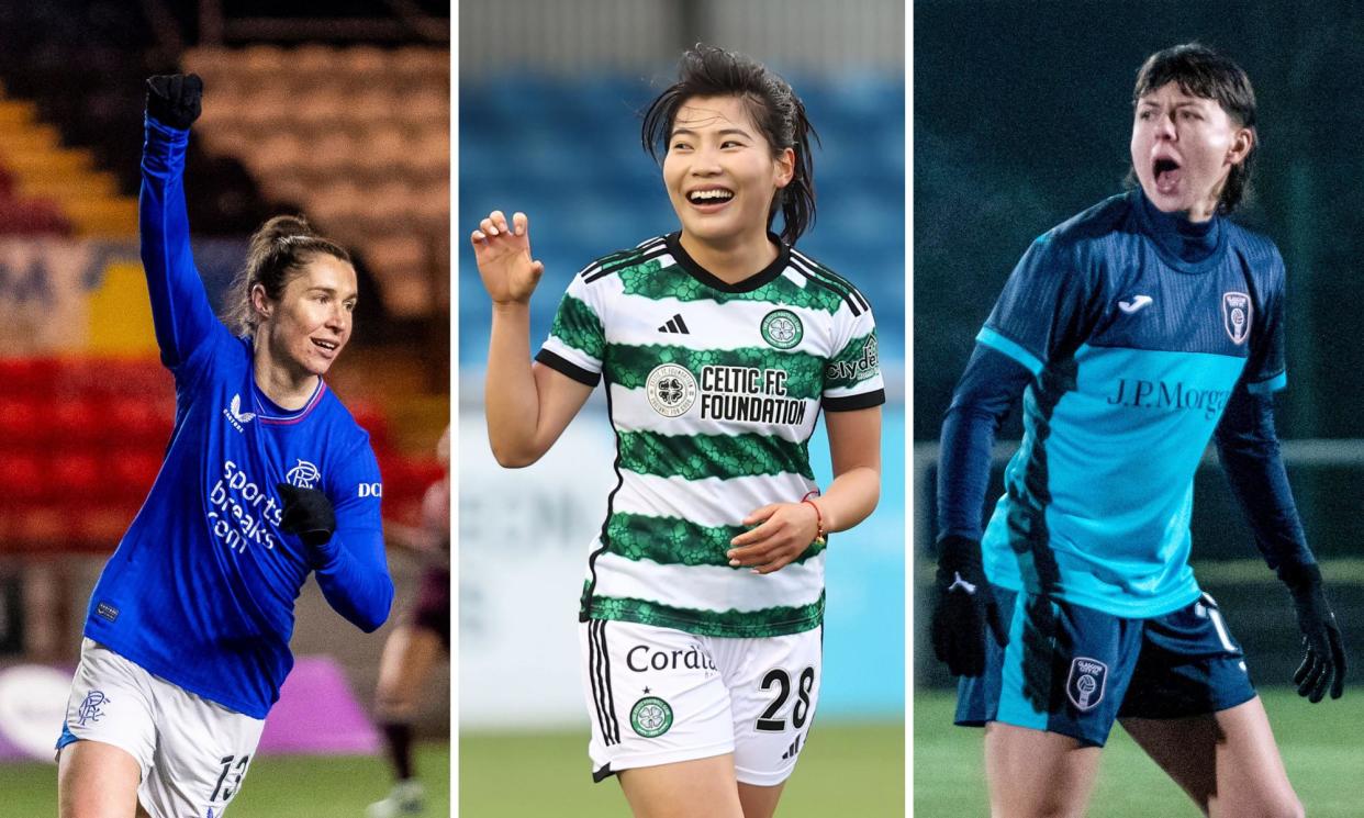 <span>Left to right: Rangers’ Jane Ross, Celtic's Shen Menglu and Meikayla Moore of Glasgow City.</span><span>Composite: Rangers WFC/Shutterstock; ProSports/Shutterstock; Grizzly Bear Media/Alamy</span>