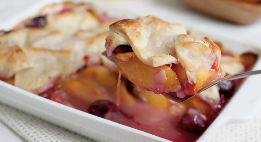 Sort of like a cheater's lattice pie: You cut the rolled-out dough into squares and then scatter them on top of the fruit. Recipe: Stone Fruit Patchwork Bake 