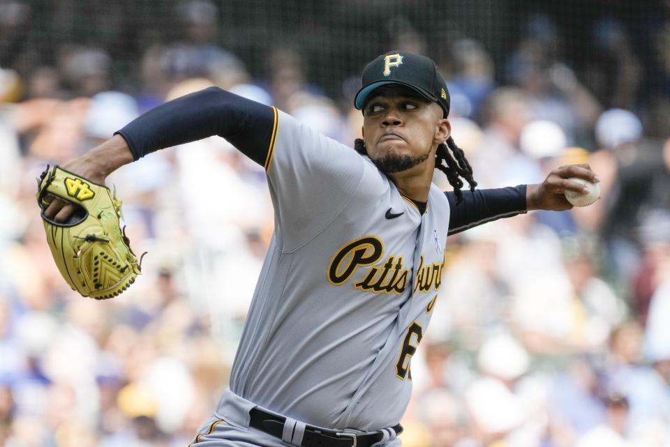 Pittsburgh Pirates' Angel Perdomo throws during the seventh inning of a baseball game against the Milwaukee Brewers Sunday, June 18, 2023, in Milwaukee. (AP Photo/Morry Gash)