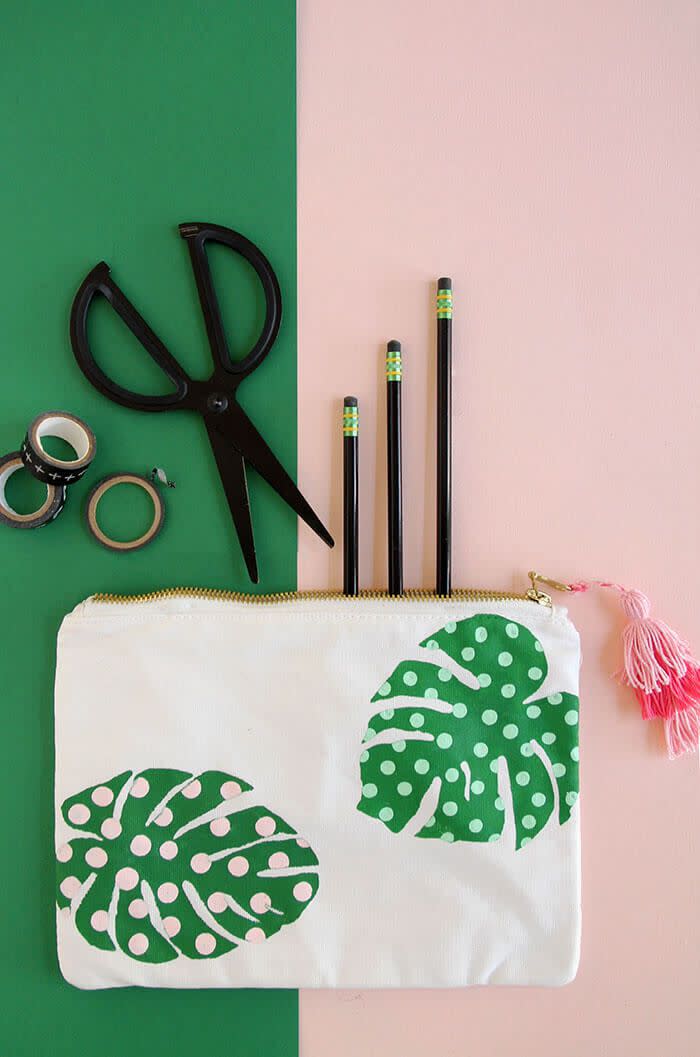 <p>This one's for all the trendy teens out there. Add embellishments to a canvas pencil pouch to make it truly one-of-a-kind.</p><p><em><a href="https://persialou.com/paint-palm-leaf-pencil-pouch/" rel="nofollow noopener" target="_blank" data-ylk="slk:Get the tutorial at Persia Lou »;elm:context_link;itc:0;sec:content-canvas" class="link ">Get the tutorial at Persia Lou »</a></em> </p>