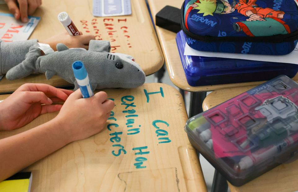 Students participate in Palm Pointe K-8 teacher Katlyn McCue's 3rd-grade reading lesson, Tuesday, Feb. 6, 2024, in Port St. Lucie. McCue is a recipient of St. Lucie Public School's Promise is a Promise program. The program guarantees participating St. Lucie County students a teaching job in the district after graduation. She is a recipient of the county's Outstanding First Year Teacher award.