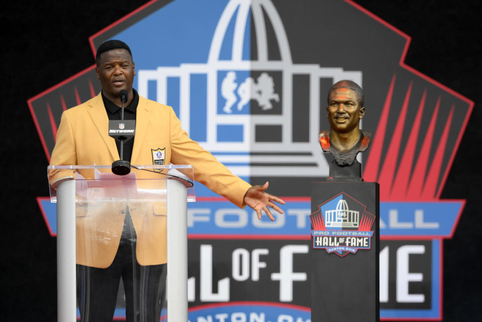 Former NFL player LeRoy Butler speaks during his induction into the Pro Football Hall of Fame, Saturday, Aug. 6, 2022, in Canton, Ohio. (AP Photo/David Richard)