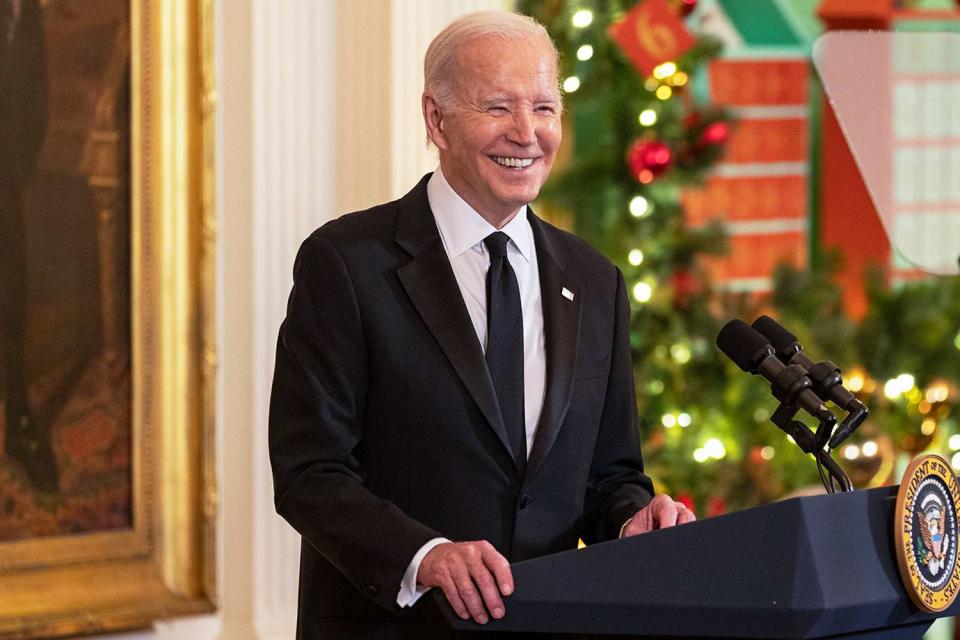 <p>Tasos Katopodis/Getty</p> Joe Biden speaks at the The Kennedy Center Honorees reception at the White House on December 03, 2023 in Washington, D.C.