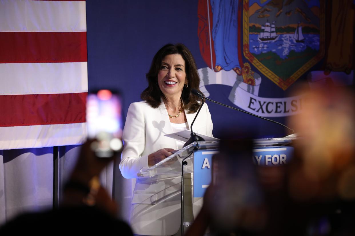 Gov. Kathy Hochul speaks after her win at Tribeca 360, Manhattan, New York, Tuesday, June 28, 2022. 