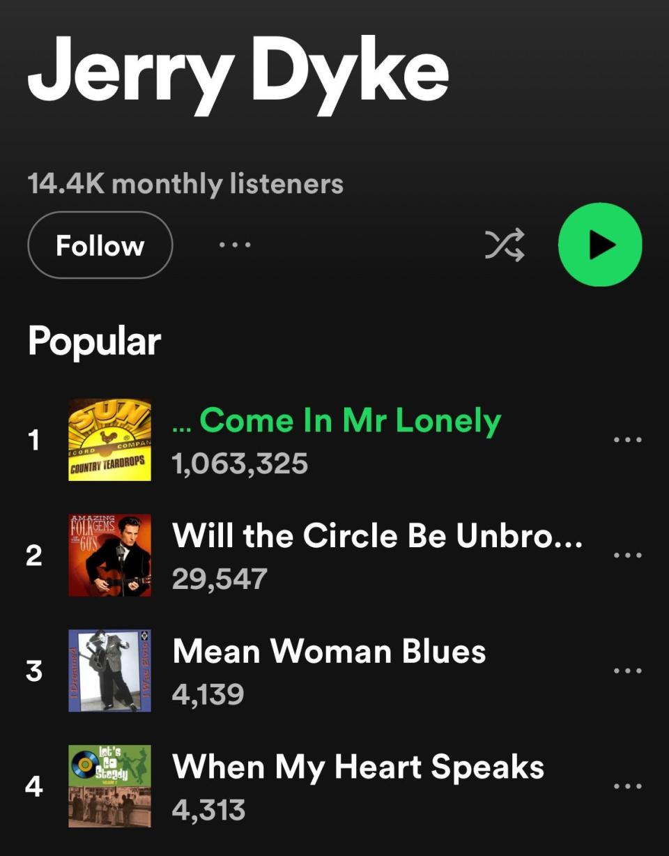 Jerry Dycke's 1968 song "Come In Mr. Lonely" has racked up more than 1 million streams on Spotify. He's credited as Jerry Dyke, his stage name during his days at Sun Records.