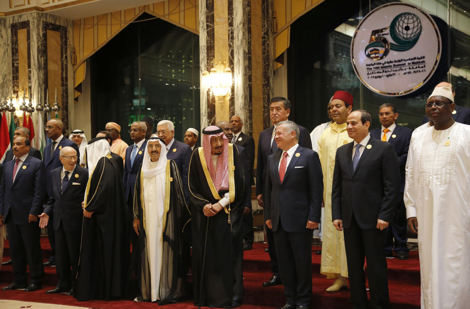 Leaders of Islamic countries pose for a group picture ahead of Islamic Summit of the Organization of Islamic Cooperation (OIC) in Mecca, Saudi Arabia, early Saturday, June 1, 2019. Muslim leaders from some 57 nations gathered in Islam's holiest city of Mecca late Friday to discuss a breadth of critical issues ranging from a spike in tensions in the Persian Gulf, to Palestinian statehood, the plight of Rohingya refugees and the growing threat of Islamophobia. (AP Photo/Amr Nabil)