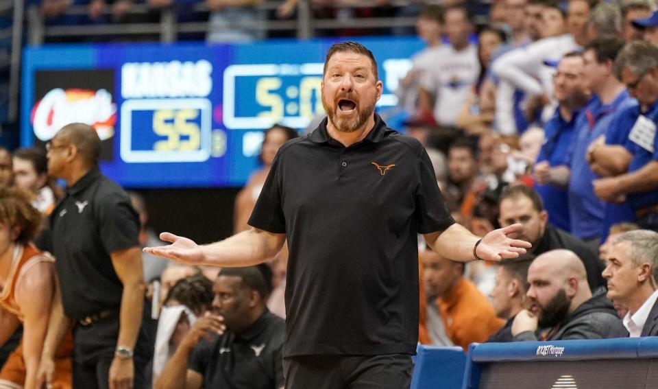 Texas coach Chris Beard shouts instructions to his players during a game last March at Kansas. The Longhorns' Chris Beard era lasted all of 42 games. He exits with a 29-13 record at UT.