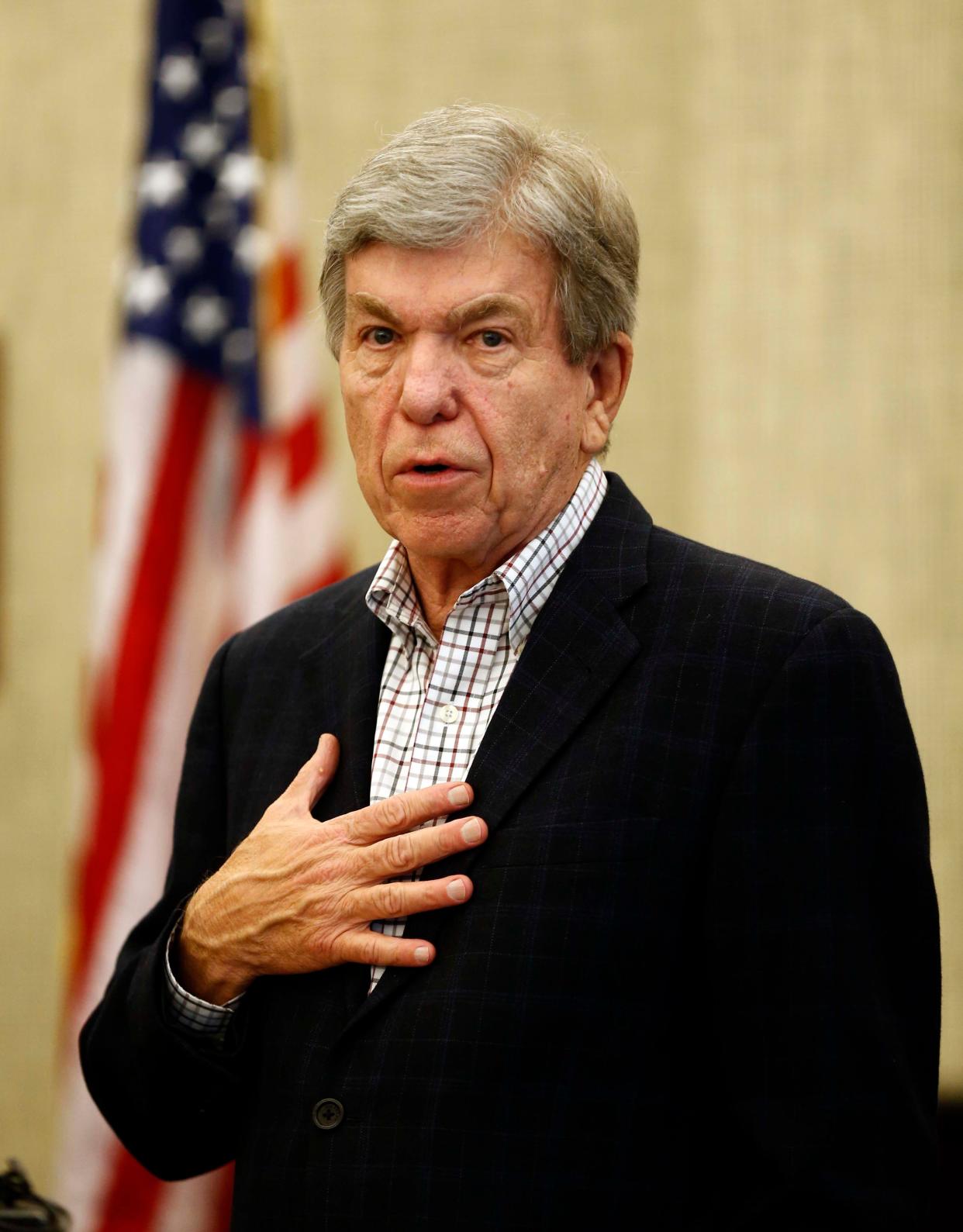 Roy Blunt speaks to the media about his decision not to run again for the U.S. Senate in 2022 at Springfield-Branson National Airport on March 8, 2021.