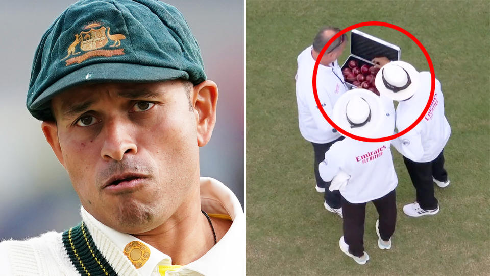 Usman Khawaja is pictured left, with umpires Joel Wilson and Kumar Dharmasena seen selecting a replacement ball on the right.