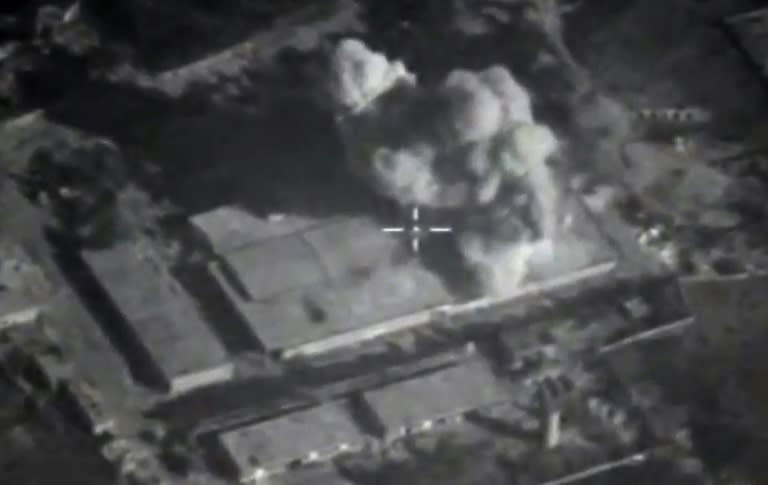 An image made available on November 23, 2015, purports to show an explosion after airstrikes carried out by Russian air force on what Russia says was an Islamic State facility in the Syrian province of Idlib